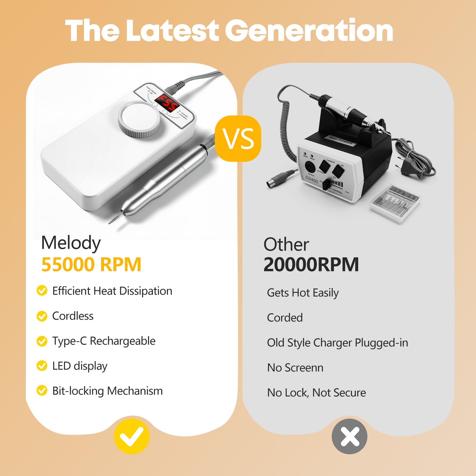 GEEZO cordless nail drill shows battery status and speed for mobile use.
