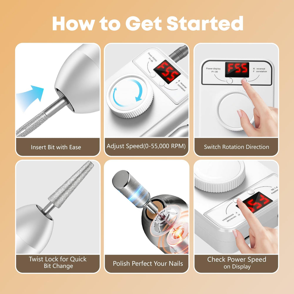 GEEZO rechargeable nail drill LCD readout shows battery level.
