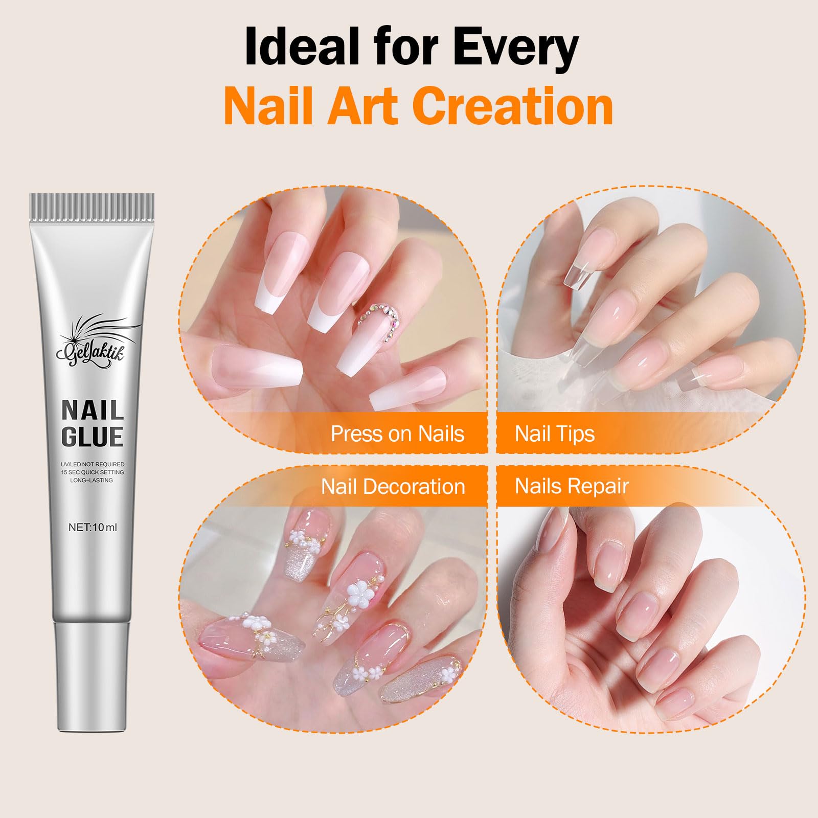 GELLAKTIK pegamento uñas secado rápido en 7 segundos para uso inmediato.