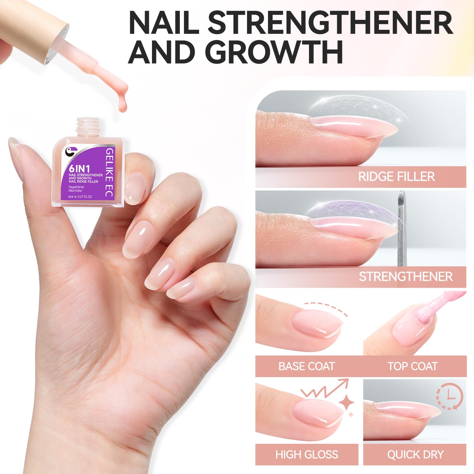 Gelike EC 6in1 bottle with brush demonstrates quick-dry application.