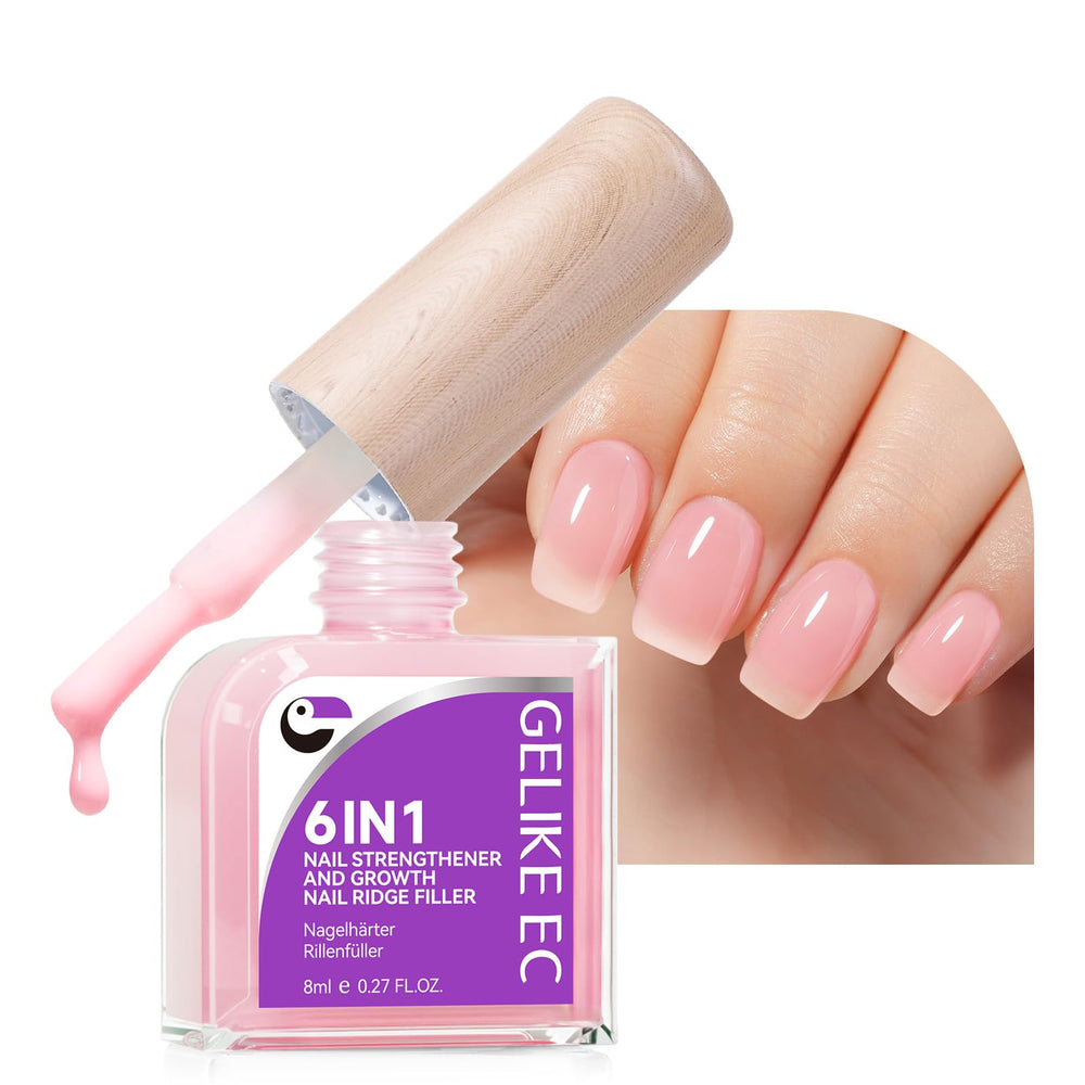 gelike ec nail growth bottle close-up shows a 6-in-1 formula for stronger nails