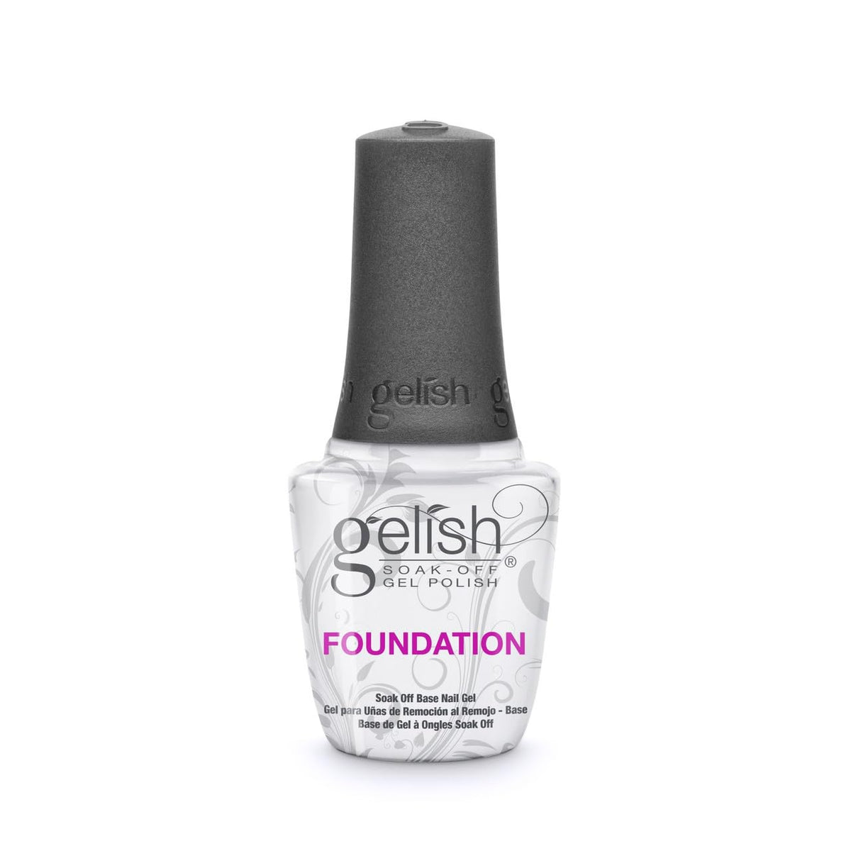 Gelish Foundation Base Gel, base adhesiva para uñas, mejora la adherencia de geles y claridad de aplicación.