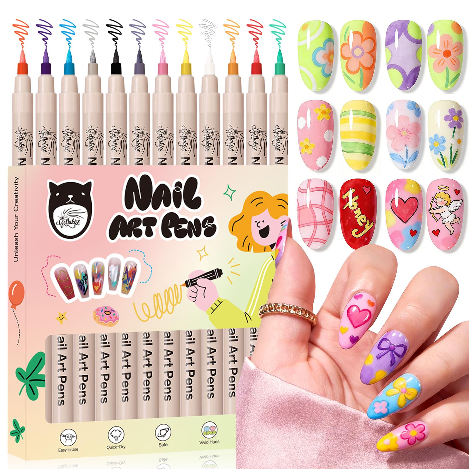GELLKTIK 12-color nail art pen set on display showing vibrant DIY color options