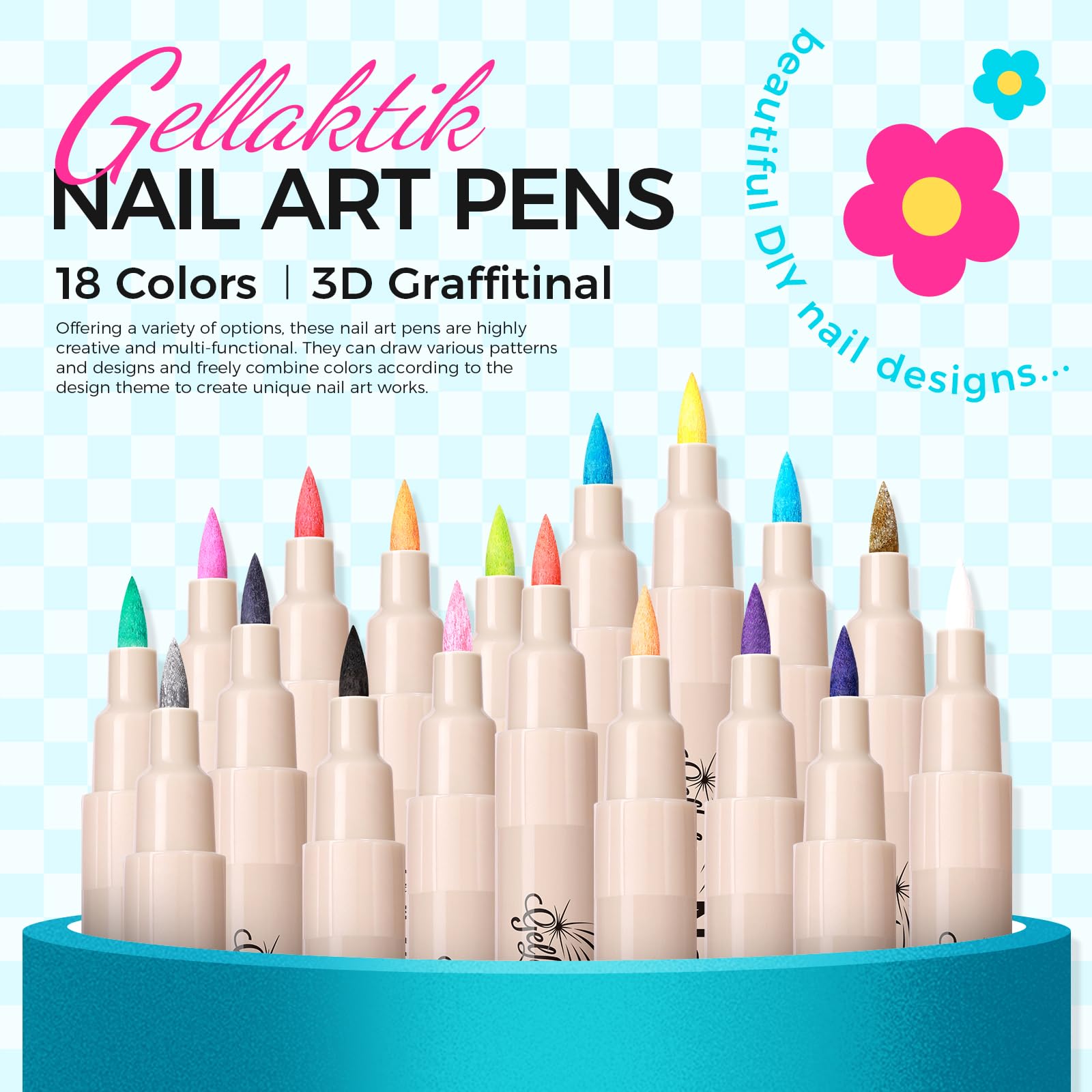 GELLAKTIK 18-color nail art pens precision-tip in action for fine detailing