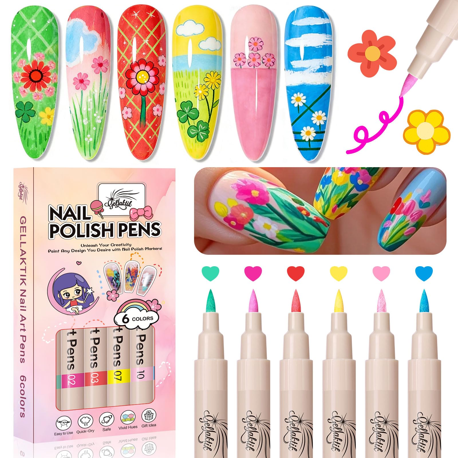 Gellaktik set de seis colores para uñas, ideal para diseños coloridos en casa