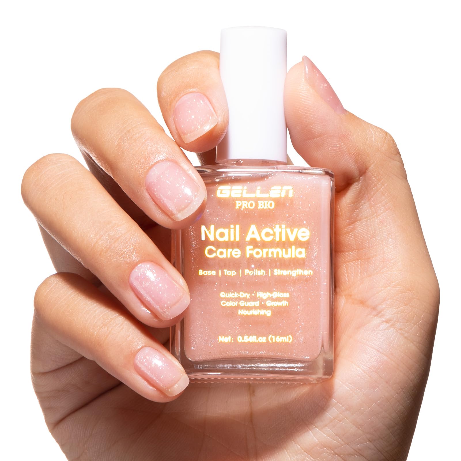 Gellen Active Glow Esmalte nude con brillo lechoso para uñas radiantes.