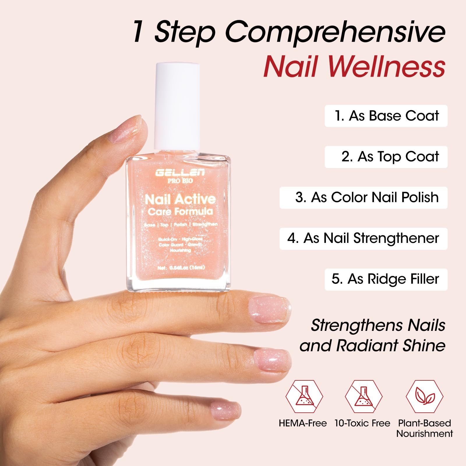 Gellen Active Glow fortalece uñas y sirve como base o capa superior para un acabado uniforme.
