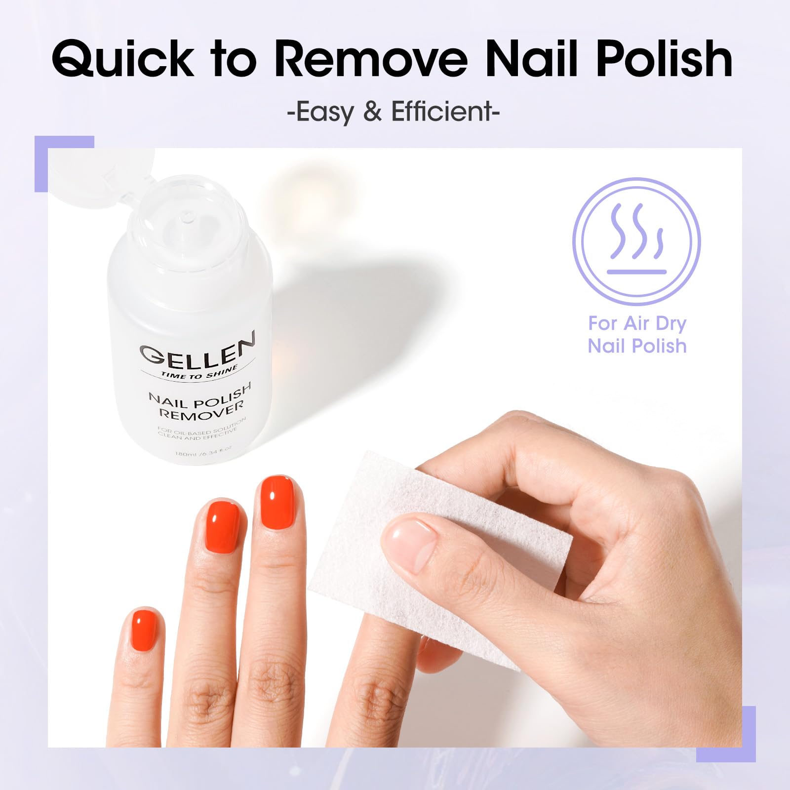 GELLEN fast-acting remover targets glitter and standard polishes quickly.