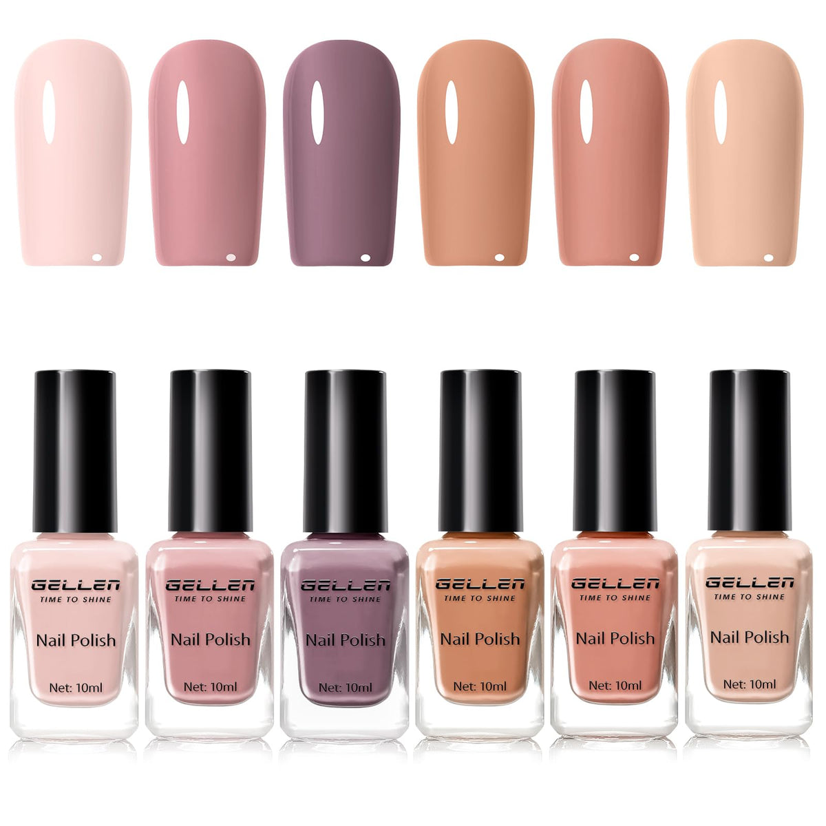 GELLEN Nail Polish Neutral Earth Tones six-color set swatches for versatile looks.