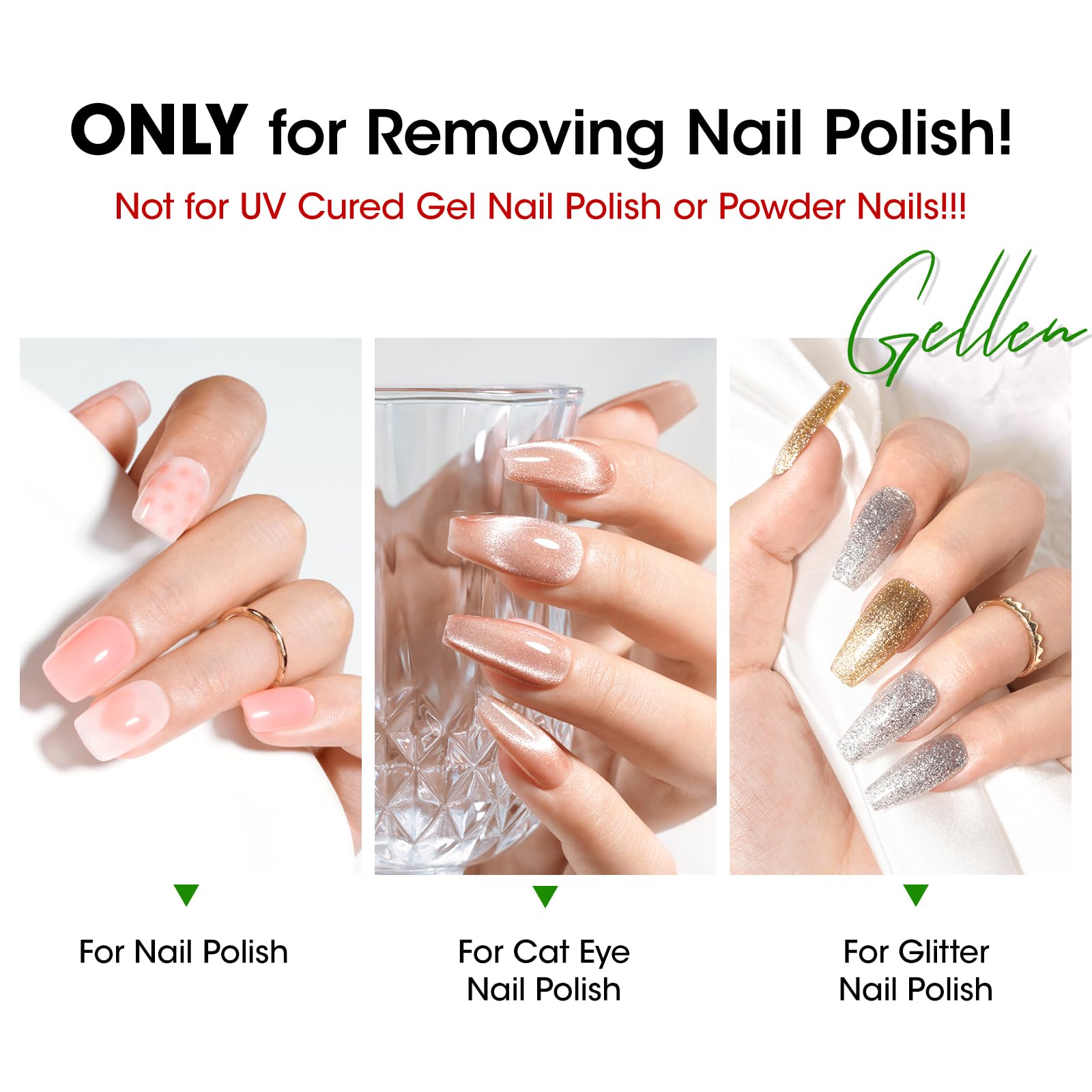 Gellen Non-Acetone formula keeps nails comfortable and free from harsh solvents.