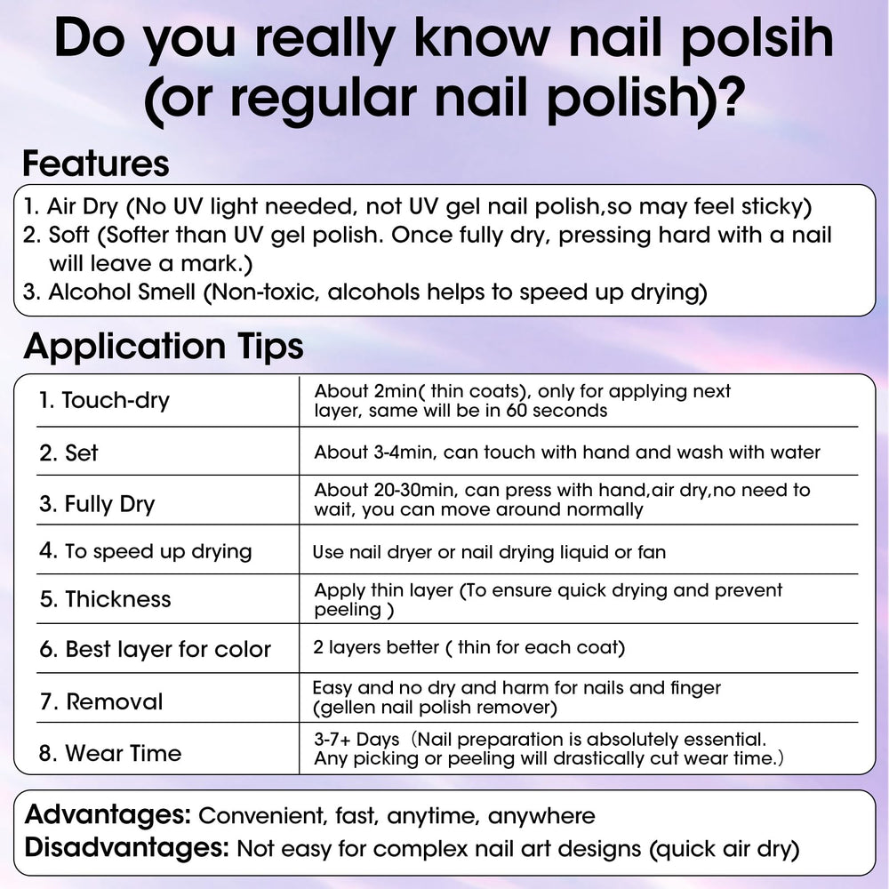 GELLEN no-yellowing finish keeps nails looking clean and fresh.