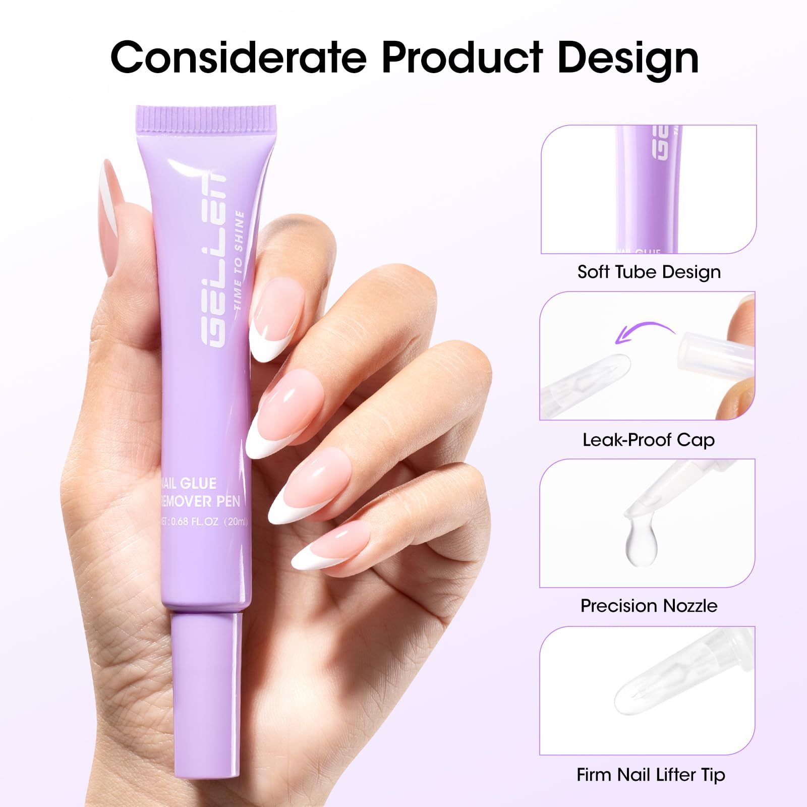 Non-acetone gel formula safely dissolves glue with gentle touch.