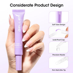 Non-acetone gel formula safely dissolves glue with gentle touch.