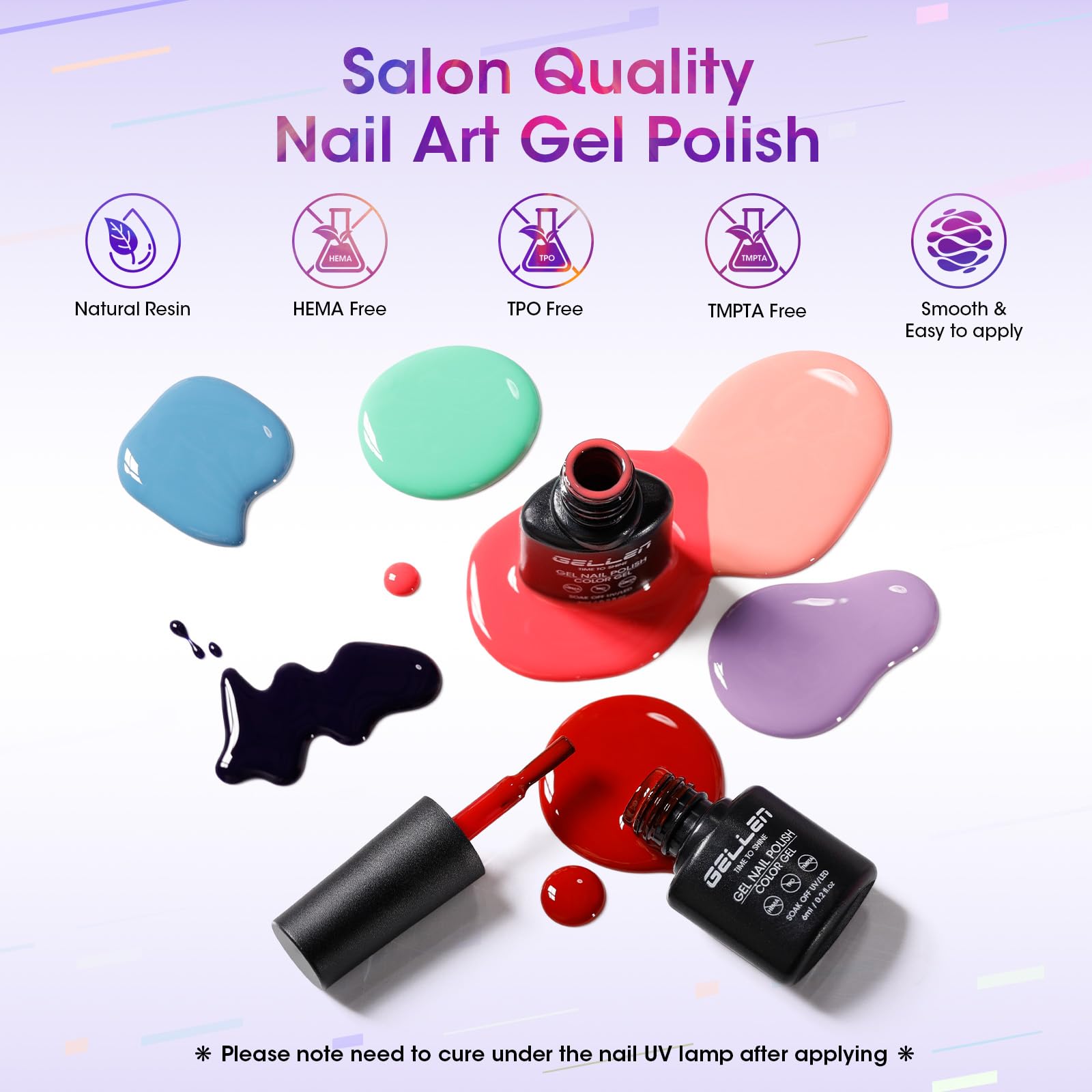 GELLEN top coats provide glossy, matte, glitter, and cat-eye finishes