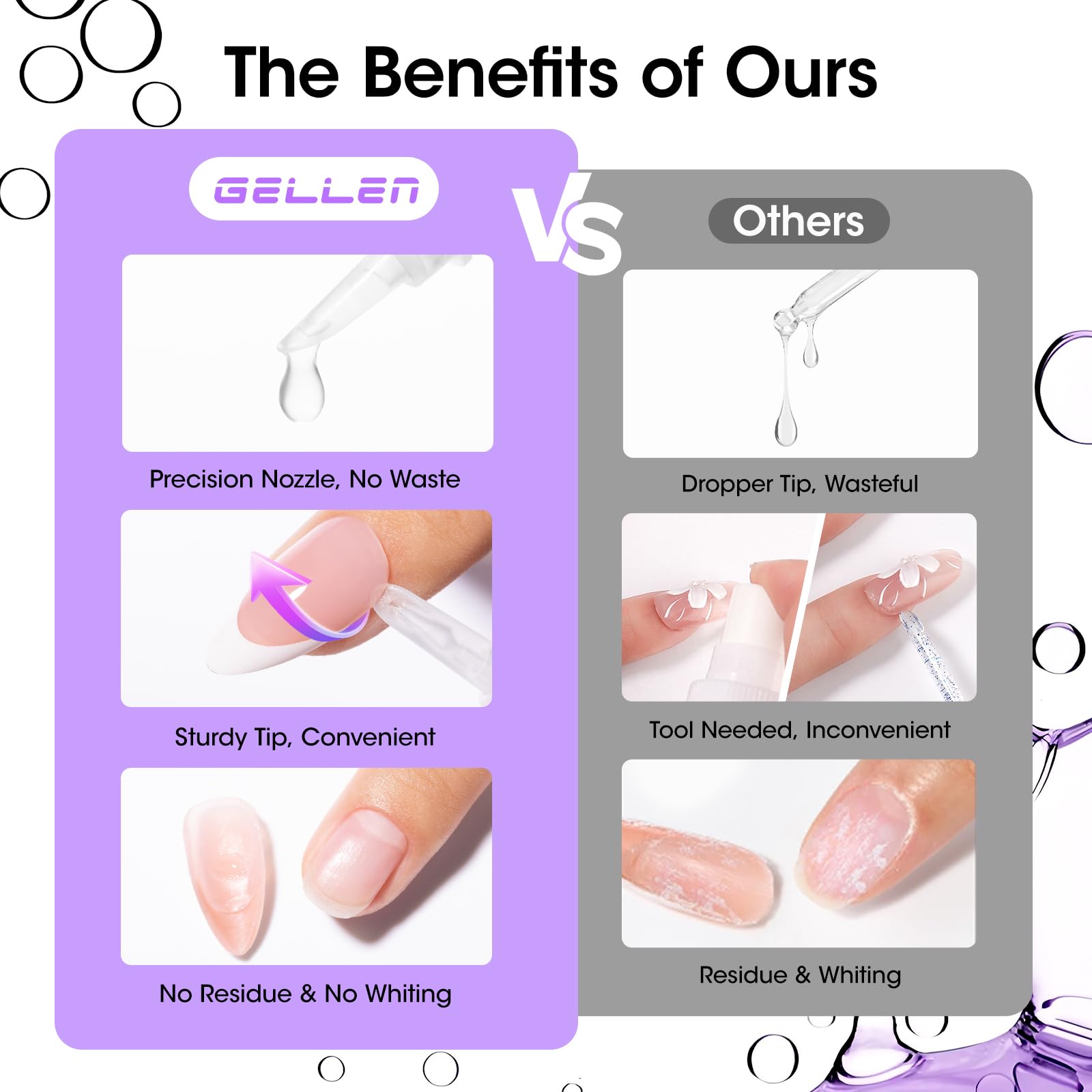 Vitamin E enriched remover for skin-safe nail glue removal.