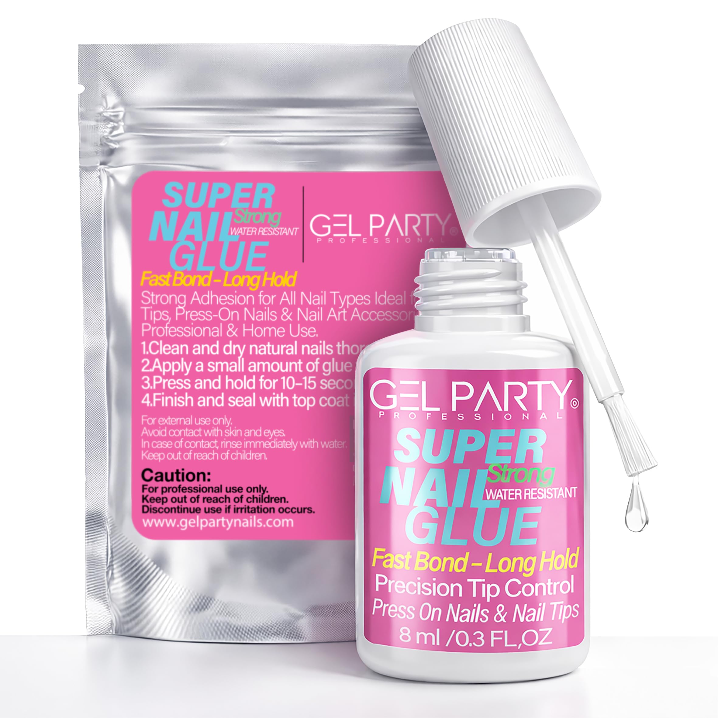 Gel PARTY: botella de 8 ml con pegamento de uñas y pincel para aplicación precisa.