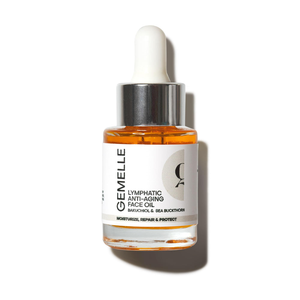 Gemelle Lymphatic Anti-Aging Face Oil bottle for luxurious on-the-go skincare.