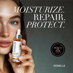 Drops of Gemelle oil warmed between fingertips for application.