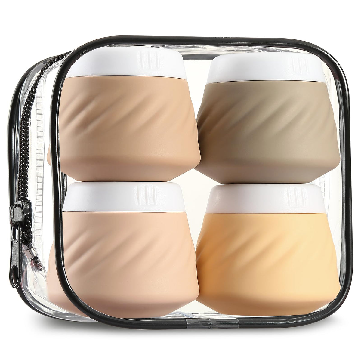 Gemice travel containers for toiletries four-pack with color-coded silicone jars.