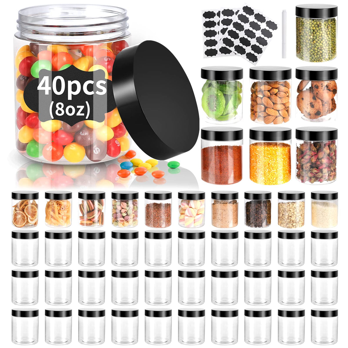 Gencywe 8oz clear PET jar with black lid for easy storage.