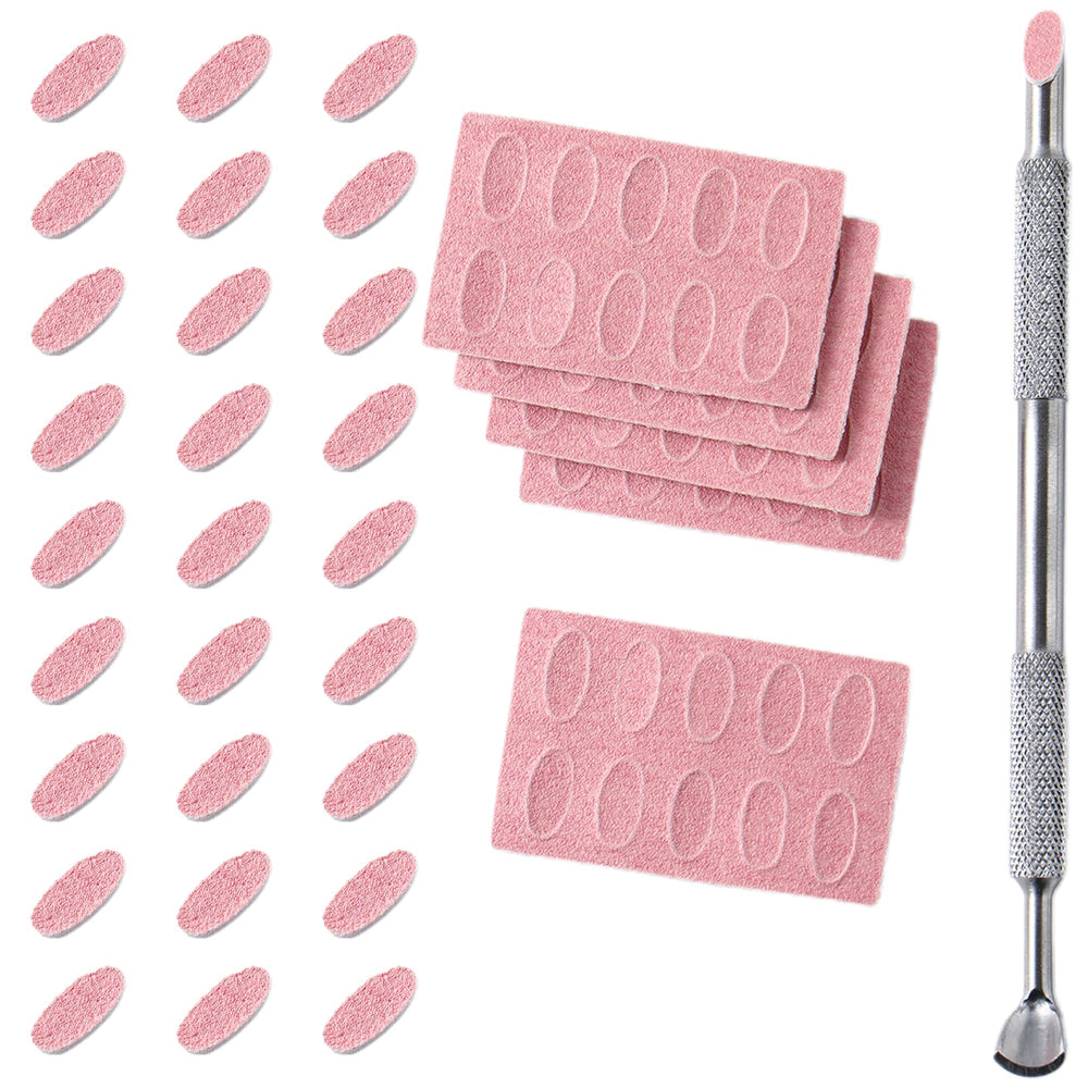 Generic 180-grit sandpaper sheets with dual-ended cuticle pusher for precise pre-polish prep.
