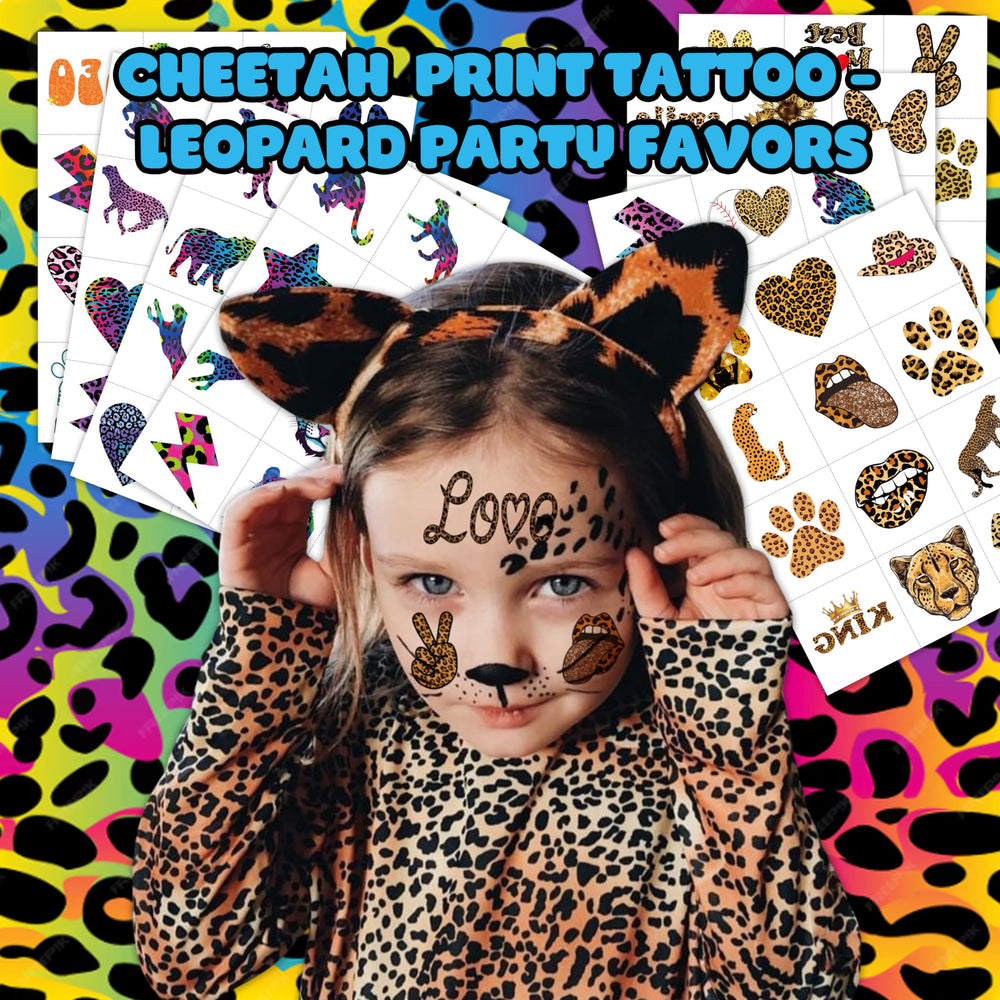 Generic cheetah tattoos on eight pages for creative party crafts.