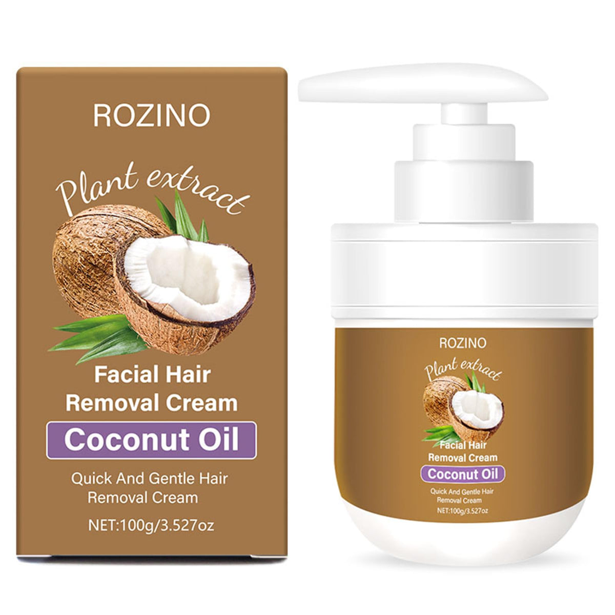 Generic facial hair removal cream tube showing soothing coconut oil for gentle facial use.