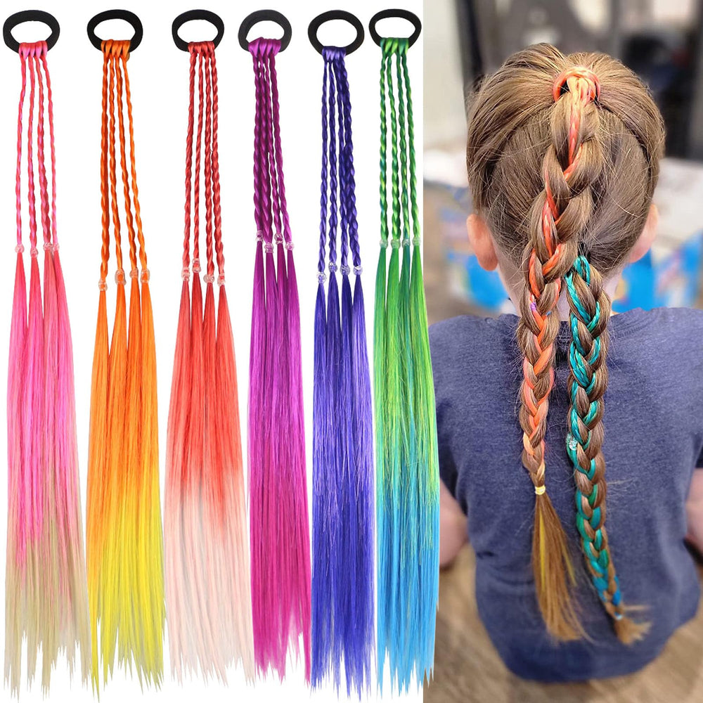Generic girls rainbow braids ponytail extensions for colorful party and daily wear.