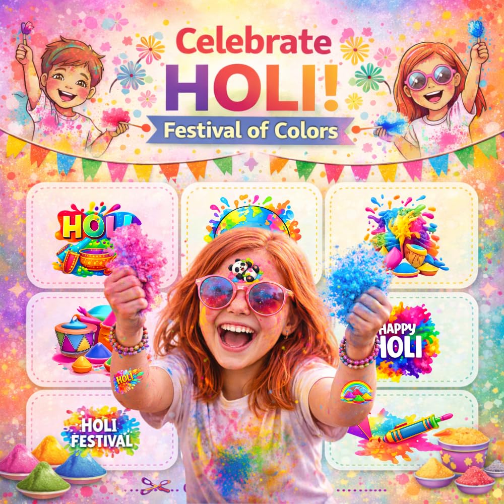 Generic Holi Day tattoos offer colorful stickers for festive outfits