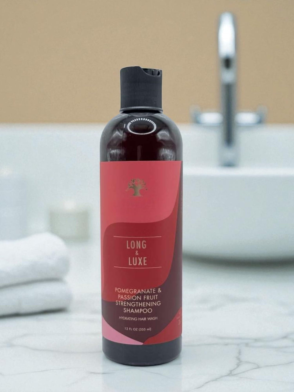 Generic Long and Luxe duo on bathroom shelf suggests easy daily routine.