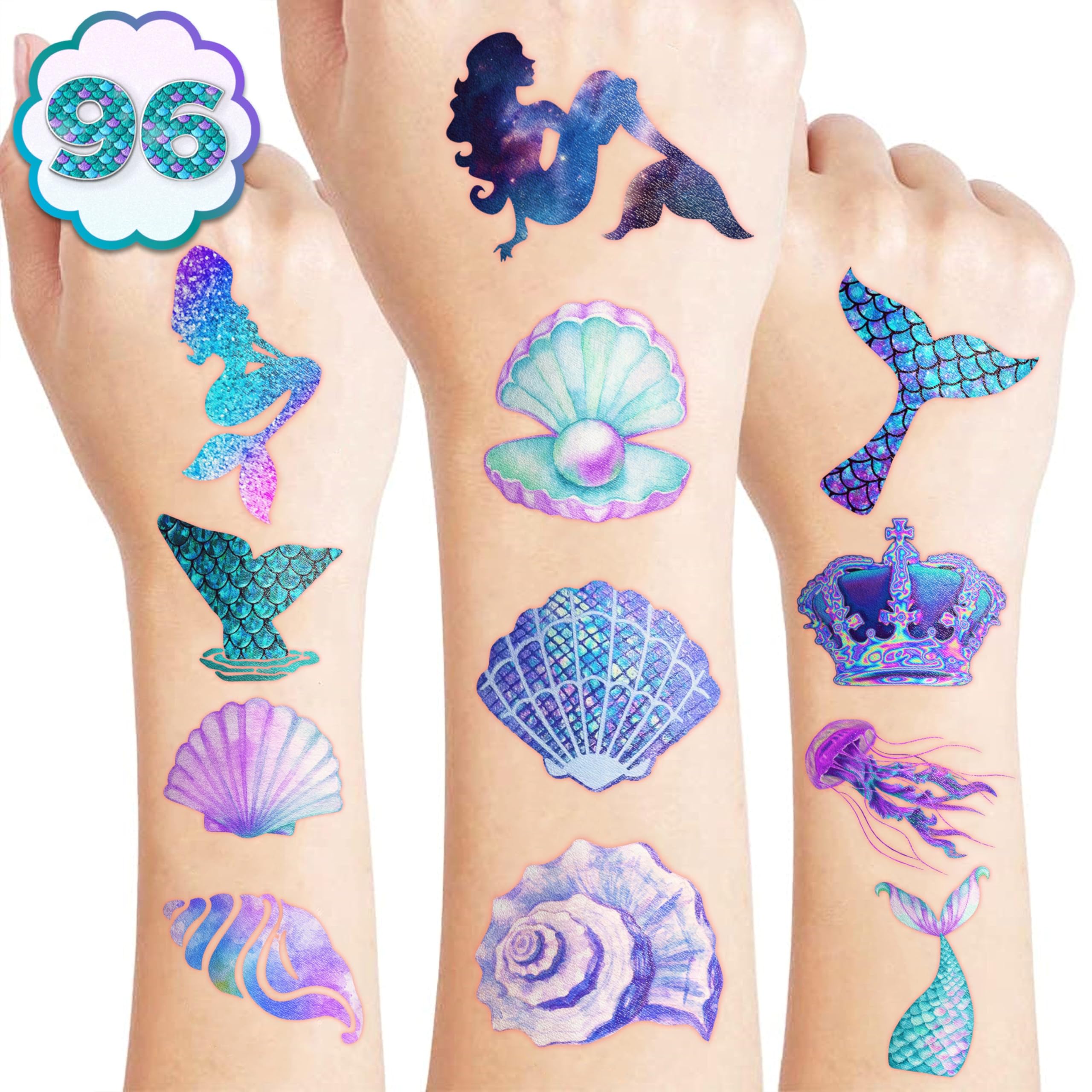 Generic Mermaid Tattoos with mermaid designs for kid-friendly party favors.