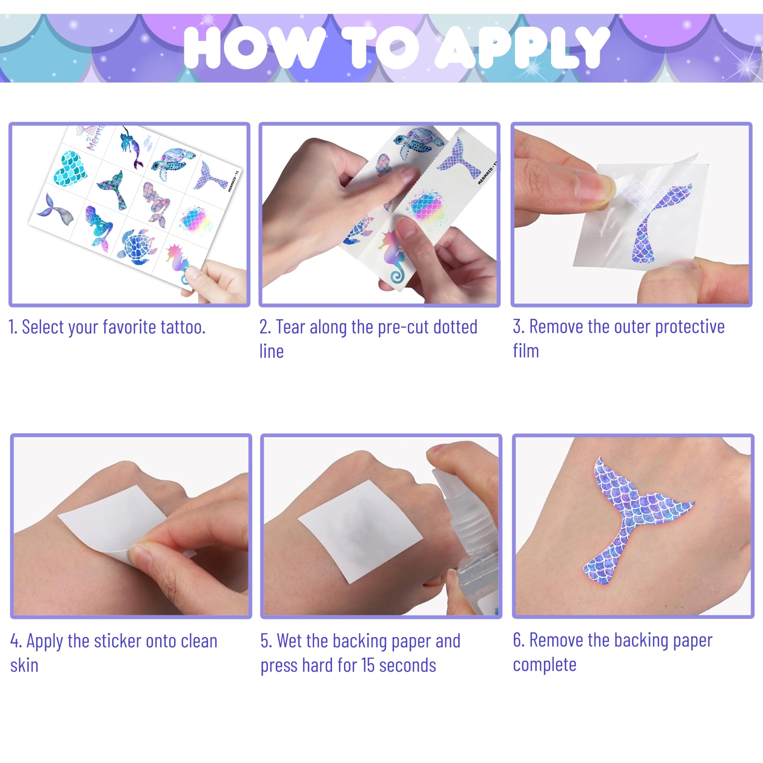 Generic Mermaid Tattoos easy-peel designs for quick application and removal.