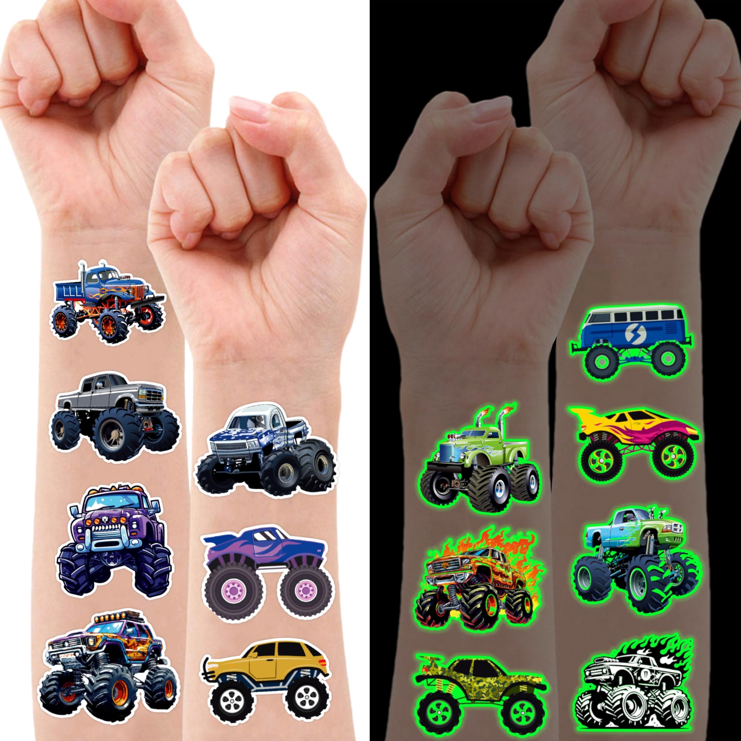 Generic Monster Truck tattoos design close-up highlights colorful designs for kids