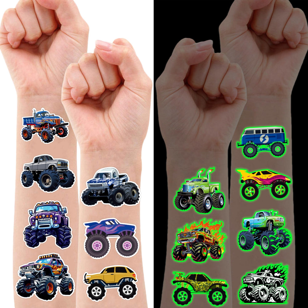Generic Monster Truck tattoos design close-up highlights colorful designs for kids