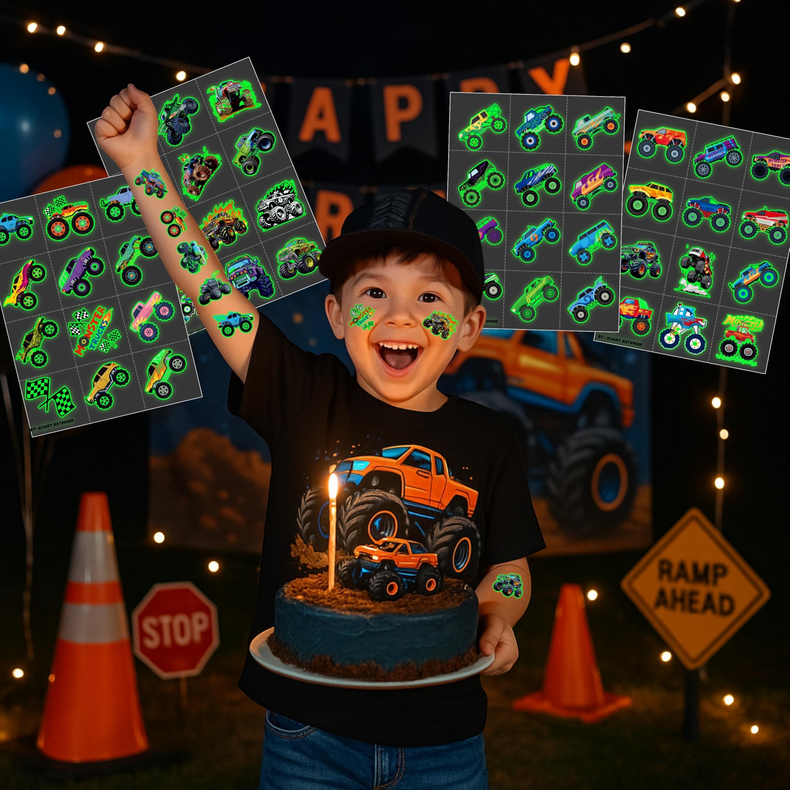 Generic Monster Truck tattoos on kids' arms demonstrating safe, playful wear