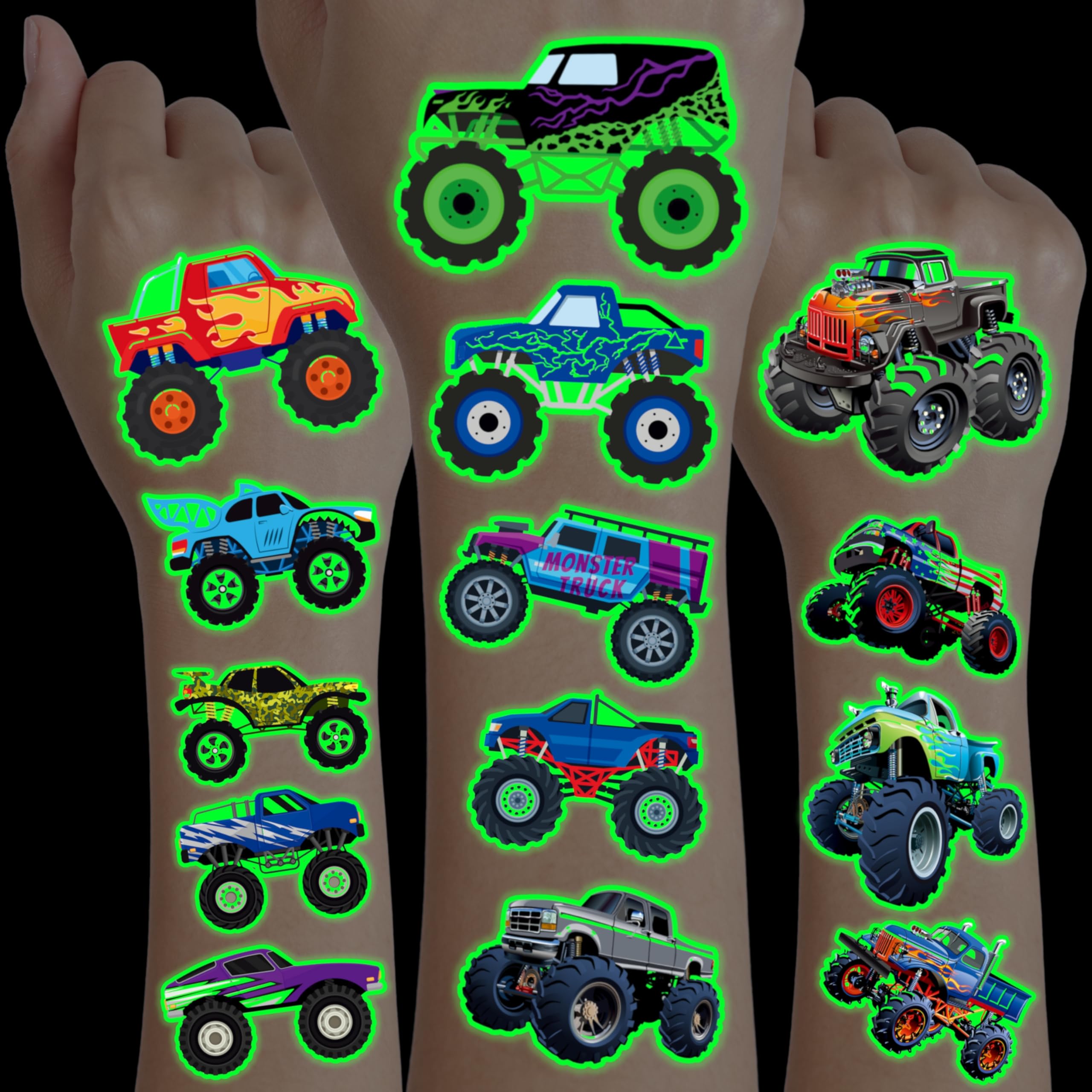 Generic Monster Truck tattoos pack shown for kids party use and fast application