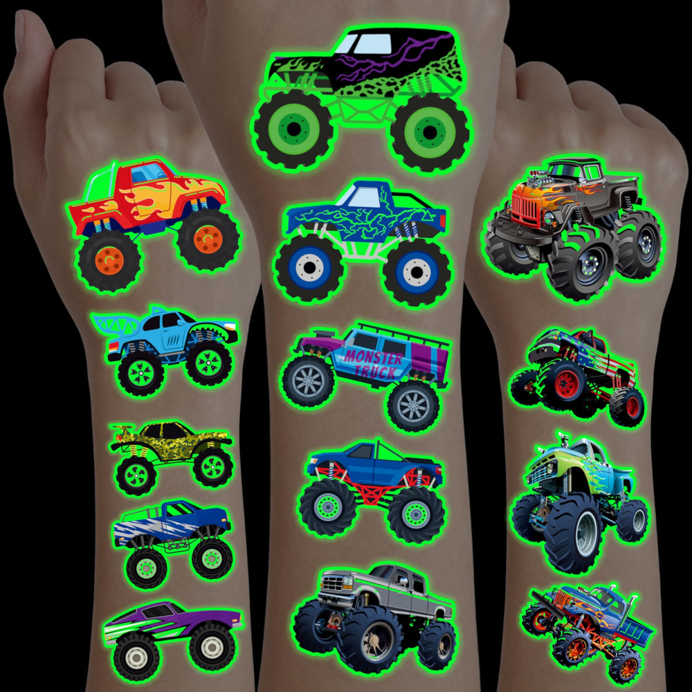 Generic Monster Truck tattoos pack shown for kids party use and fast application