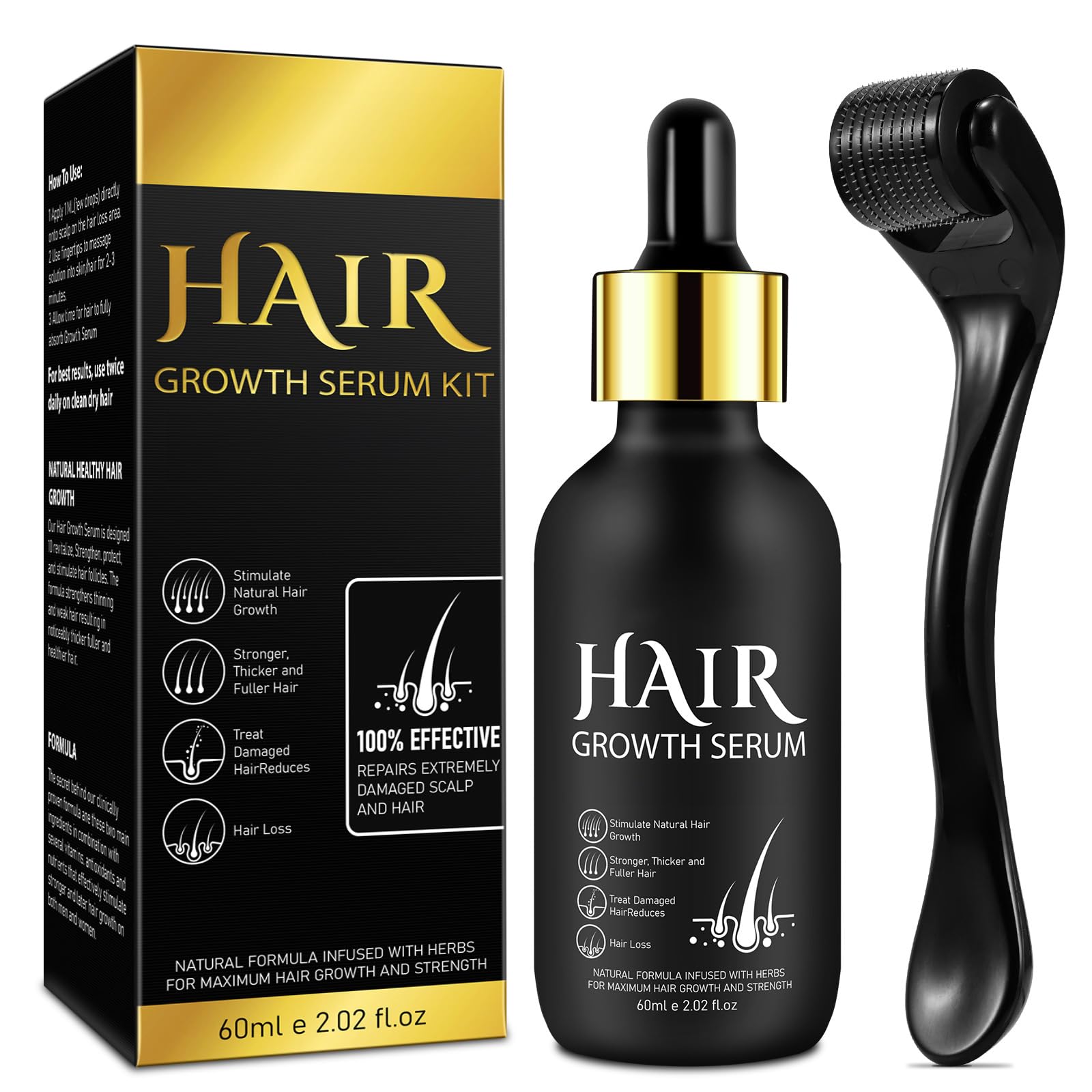 Suero genérico de crecimiento capilar, frasco visible para cabello más grueso.