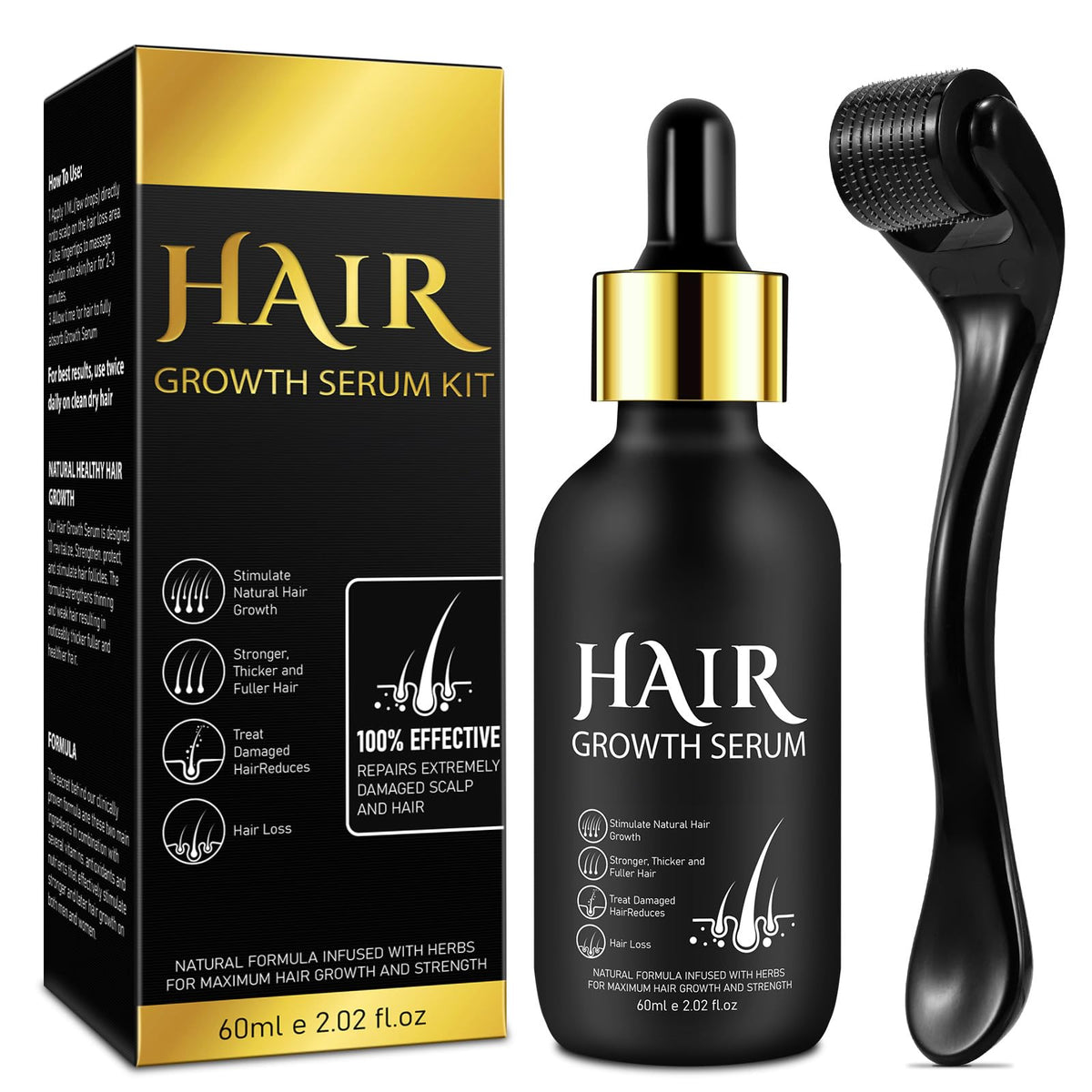 Suero genérico de crecimiento capilar, frasco visible para cabello más grueso.