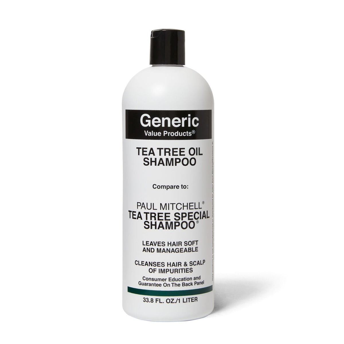 Generic Value Products Tea Tree Oil Shampoo bottle front showing vitality and refreshing scent.