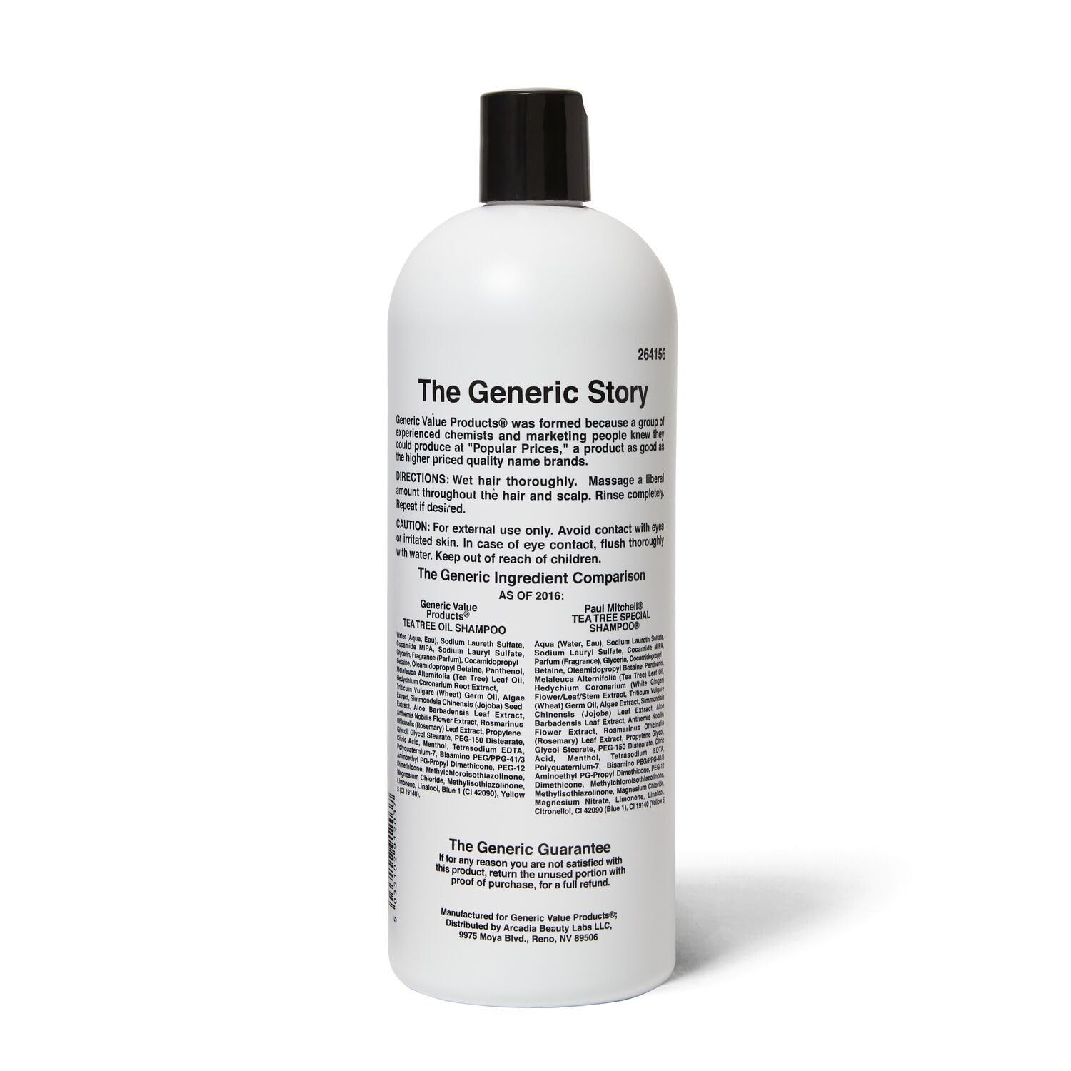 Generic Value Products Tea Tree Oil Shampoo label close-up highlighting natural antiseptic ingredients.