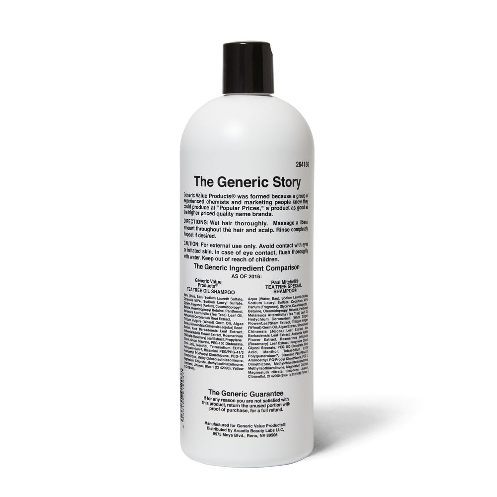 Generic Value Products Tea Tree Oil Shampoo label close-up highlighting natural antiseptic ingredients.