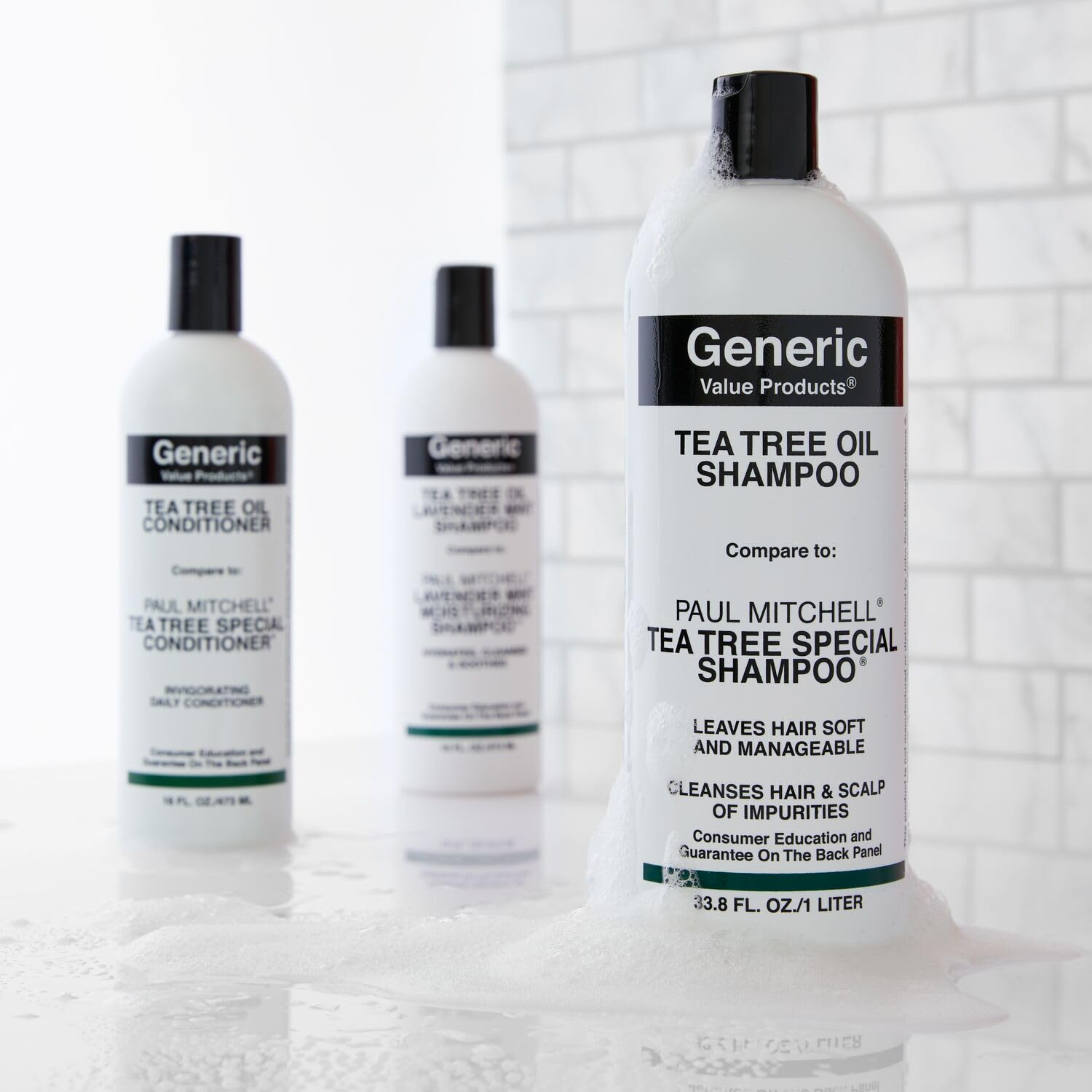 Generic Value Products Tea Tree Oil Shampoo packaging displayed.