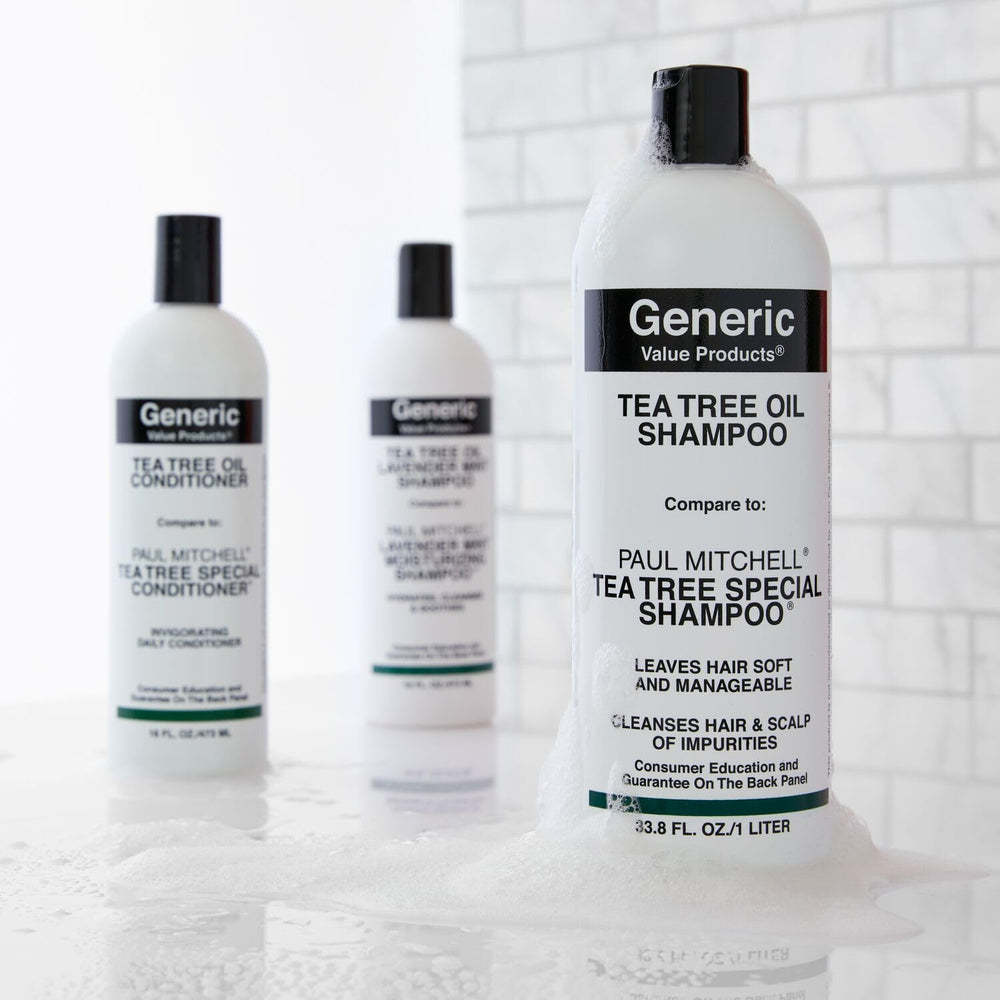 Generic Value Products Tea Tree Oil Shampoo packaging displayed.
