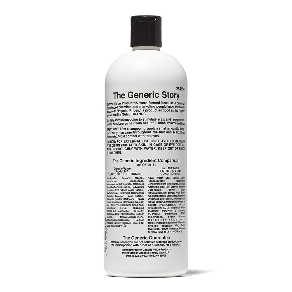 Closeup of the conditioner label emphasizing refreshing tea tree aroma and daily use benefits.