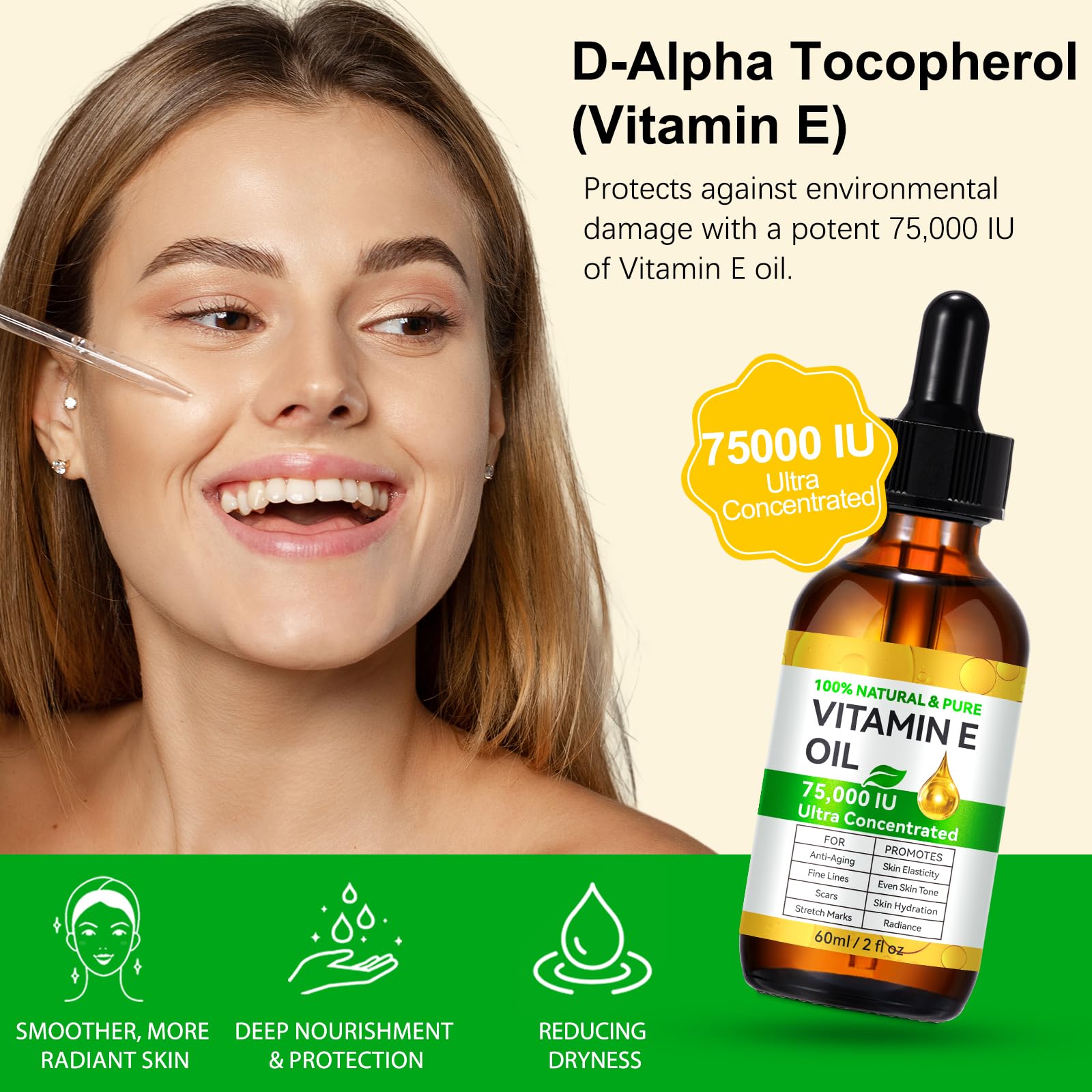 Multi-use Vitamin E Oil shown for skin, hair, and nails