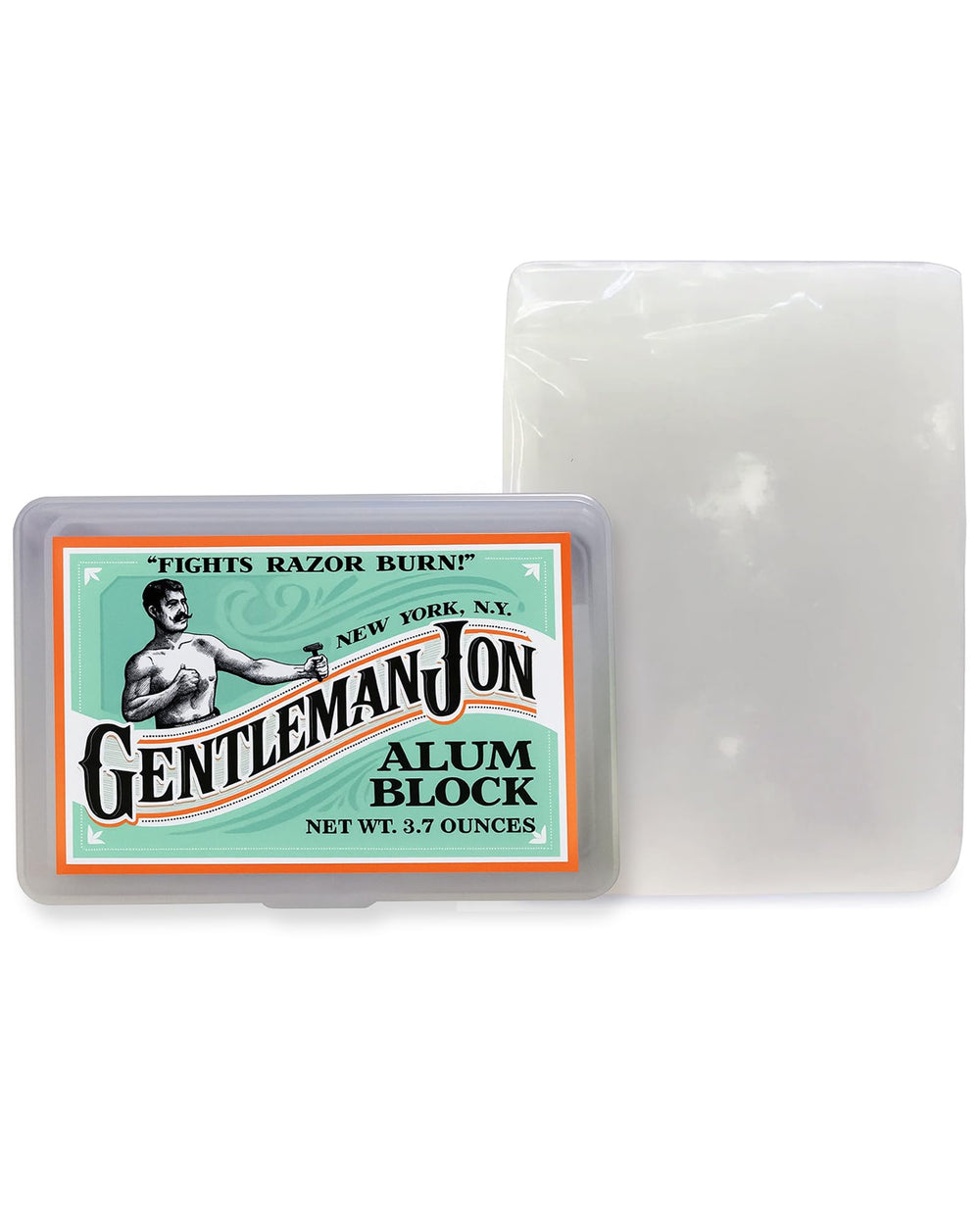 Gentleman Jon alum block in a plastic case for soothing post-shave care.