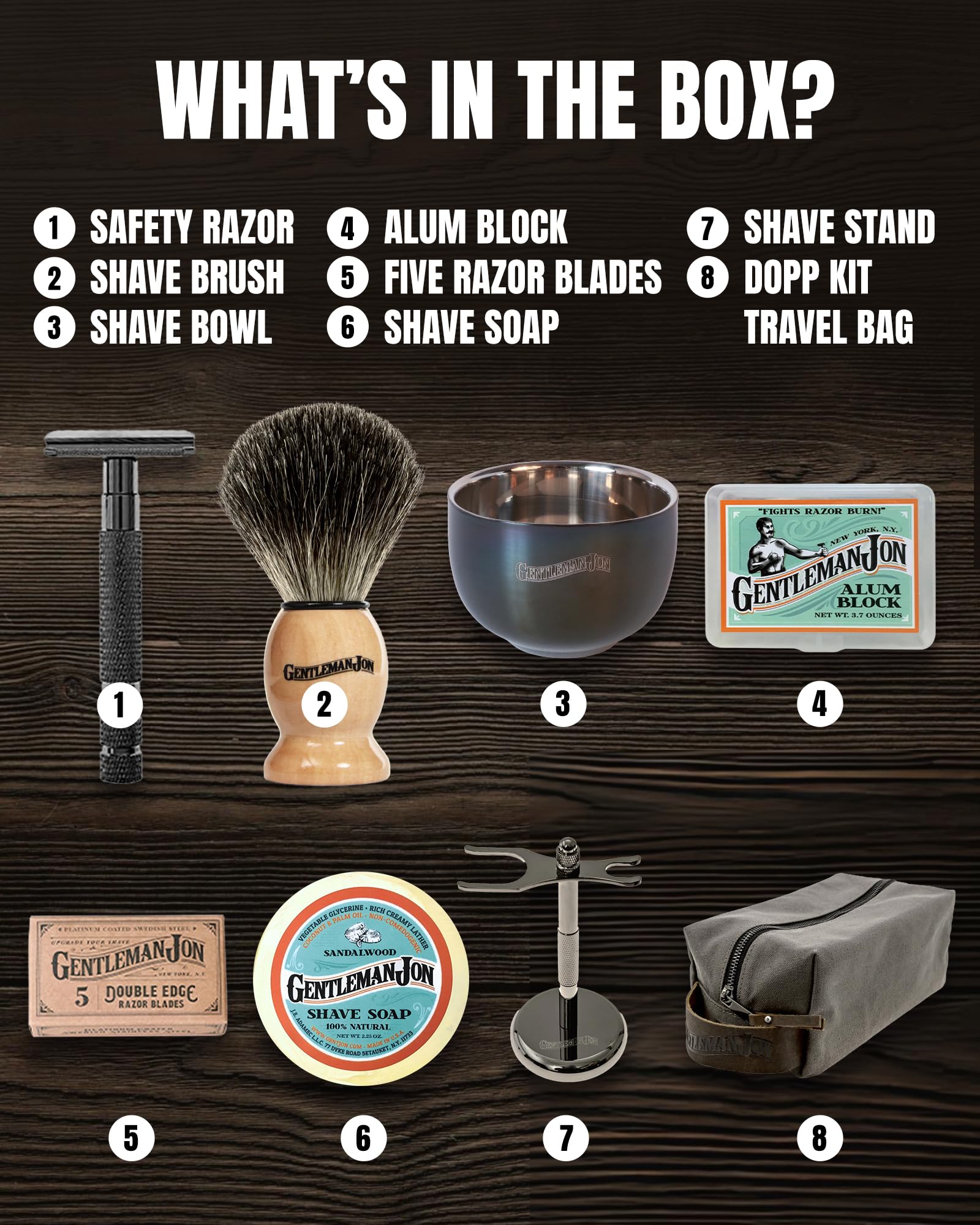 Gentleman Jon badger brush and stainless bowl, rich lather for a smooth shave.