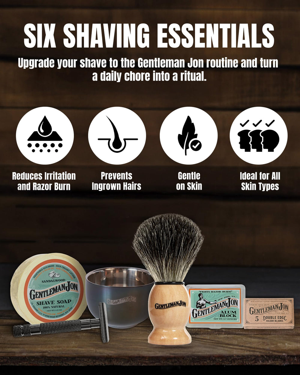 Gentleman Jon badger brush lathers richly for a creamy, comfortable shave.
