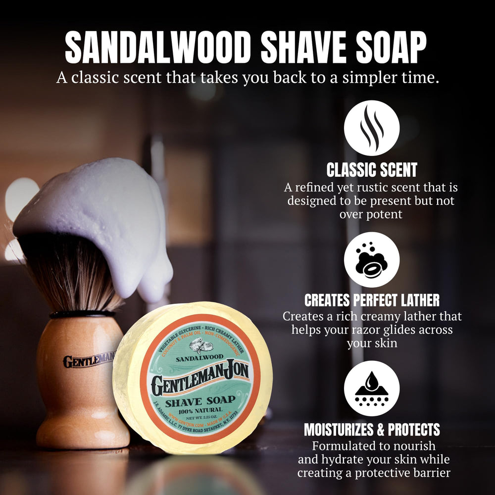Gentleman Jon sandalwood soap nourishes skin during shaving.